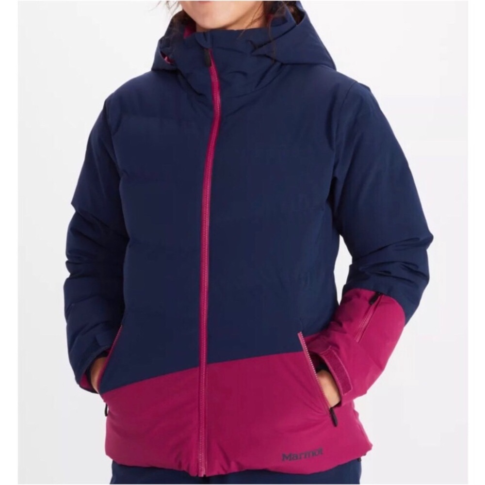 NWT Marmot Slingshot Hooded 700 Fill Down Navy/Rose Zip Front Jacket Size Small